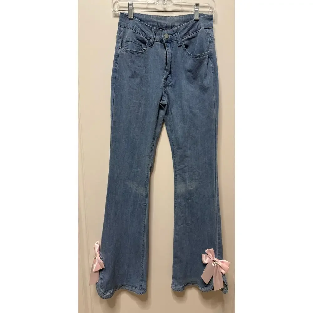 Rowme Kawaii Bow Detail Split Hem Flare Leg Jeans XS 2 Denim pink bows